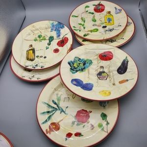 6 Williams Sonoma salad plates Legumes Word Vegetables Oils Red Trim 8 3/4" new